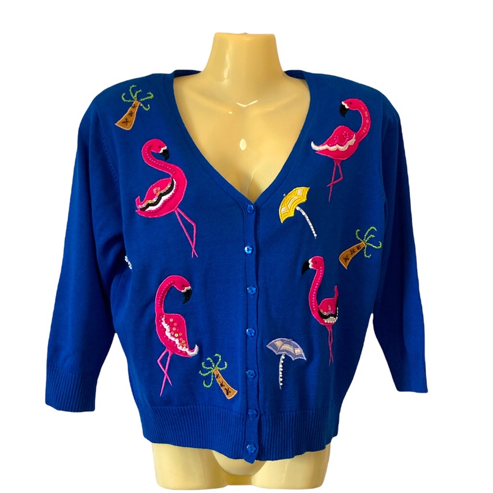 Jack B Quick Cardigan Sweater Applique Embroidery Vacation Vibes Novelty Medium